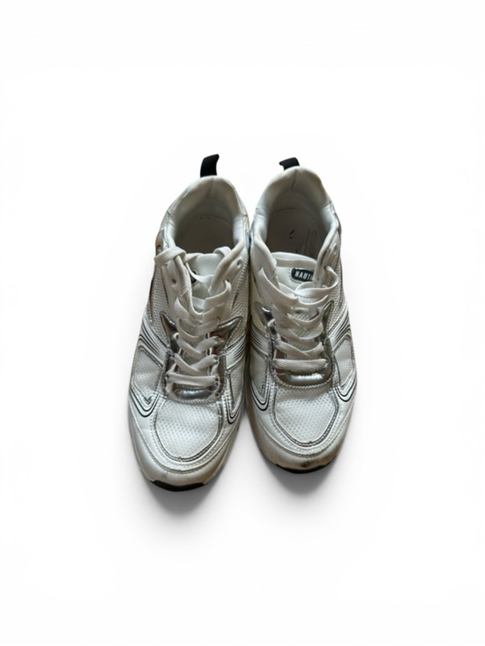 Nautica size 9 sneakers, white, metallic, silver,, and black